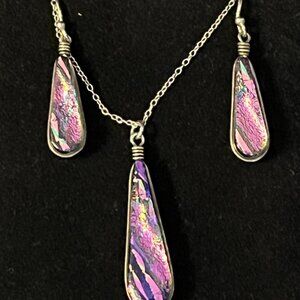925 Sterling Silver Waterdrop Purple & Pink Dichroic Glass Necklace & Earrings